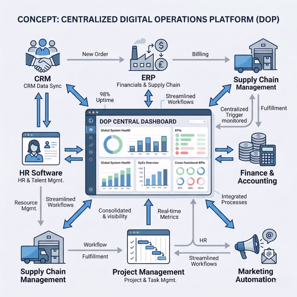 What Is a Digital Operations Platform? Complete Guide for Businesses 2 digital operations platform connecting CRM ERP HR and enterprise business systems