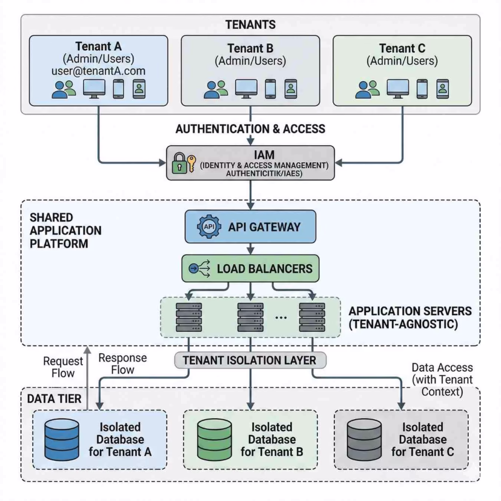 multi tenant saas architecture showing users connected to shared cloud application infrastructure