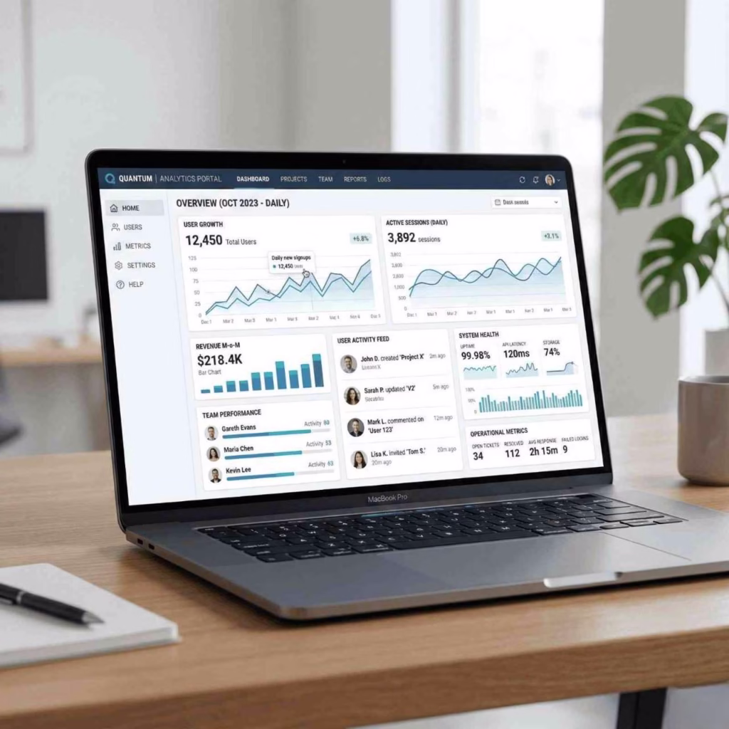 saas analytics dashboard showing charts user metrics and subscription insights