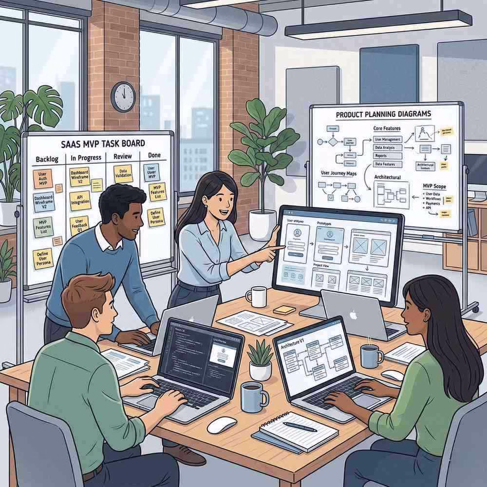 saas mvp development process showing startup team designing minimum viable saas product