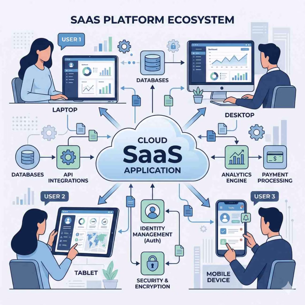 saas platform development ecosystem showing cloud software connected to users and devices
