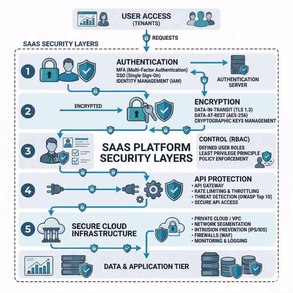 saas security architecture including authentication encryption and role based access control