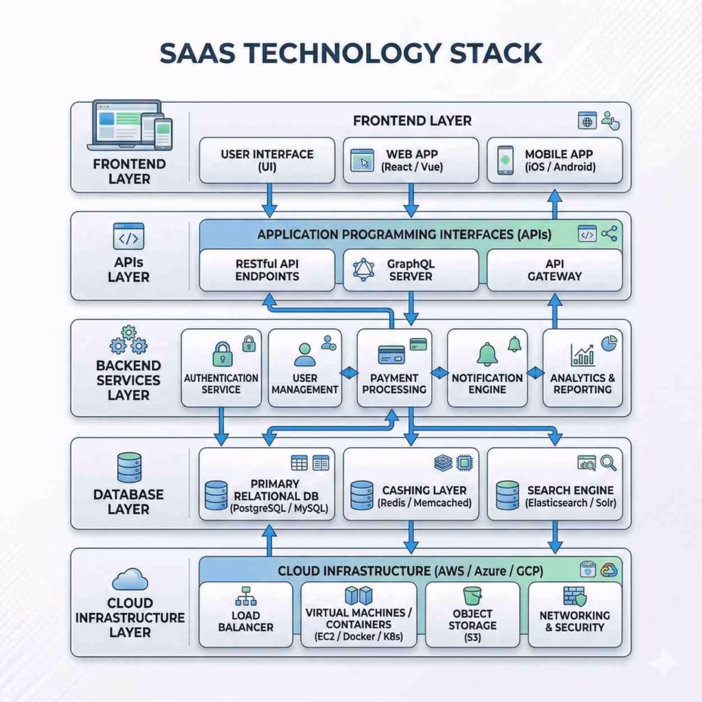 saas technology stack including frontend backend api database and cloud infrastructure
