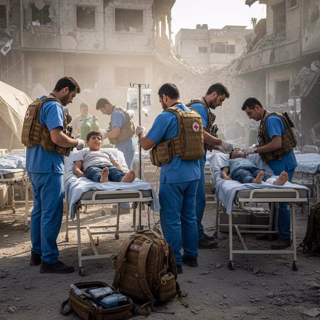 Doctor using telemedicine platform to review patient data inside a conflict zone medical station