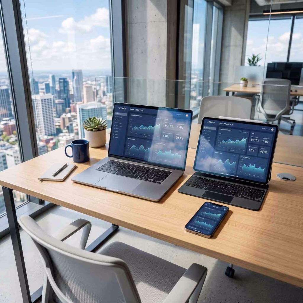 Photorealistic image showing SaaS software-as-a-service running synchronously across a MacBook, iPad, and iPhone on a modern office desk