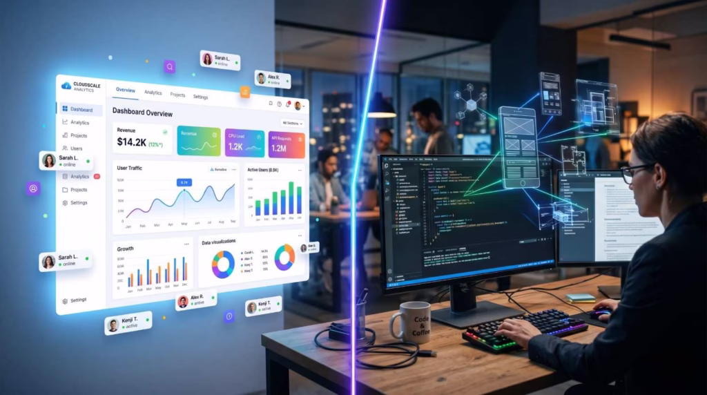 Custom app development vs SaaS — split-screen comparison showing a SaaS cloud dashboard and a developer building a custom mobile app in 2026