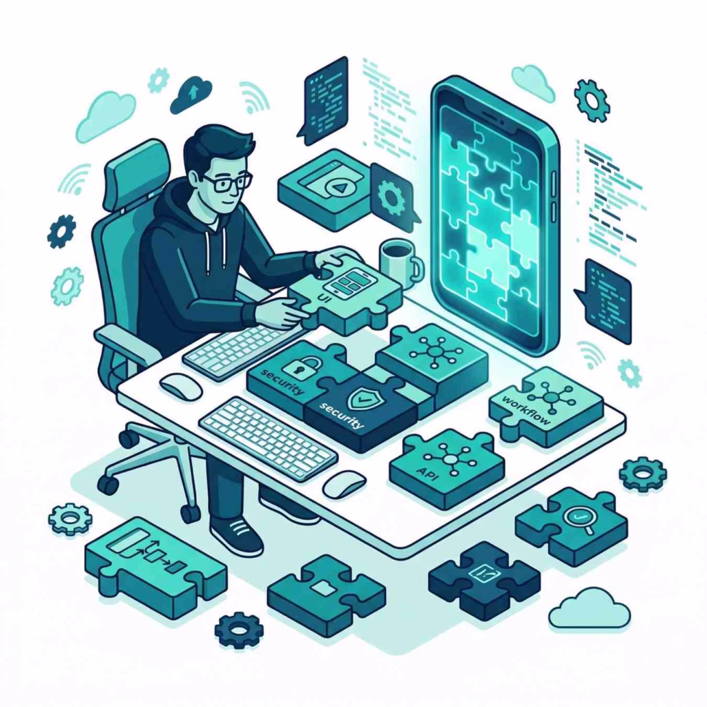 Vector infographic showing a business owner at a crossroads choosing between custom app development and SaaS — two paths labeled Built for You and Ready to Use