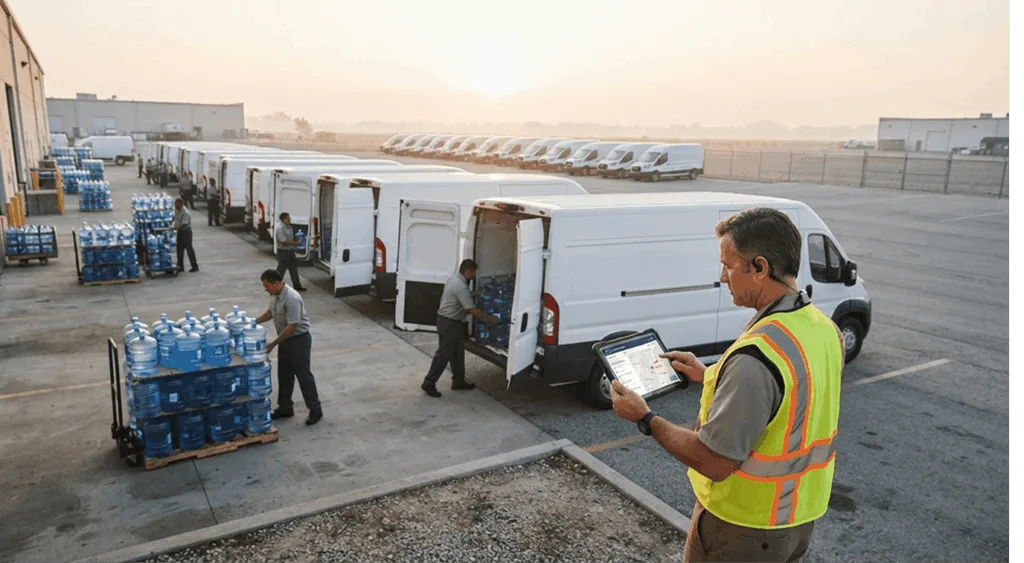Fleet management in water delivery software with vans and a supervisor tracking deliveries 1
