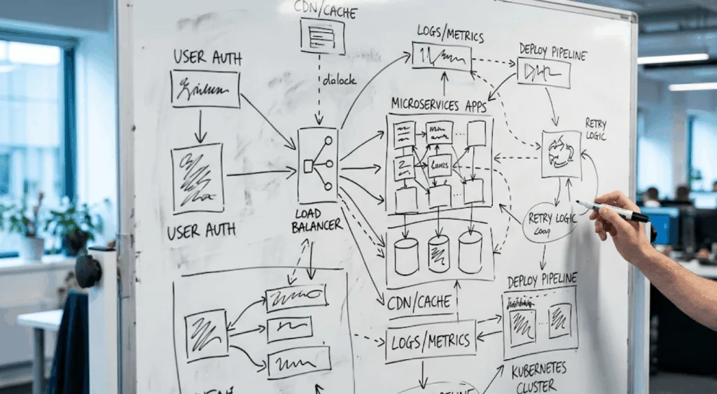 Architecture sketch on a whiteboard during a project scoping session