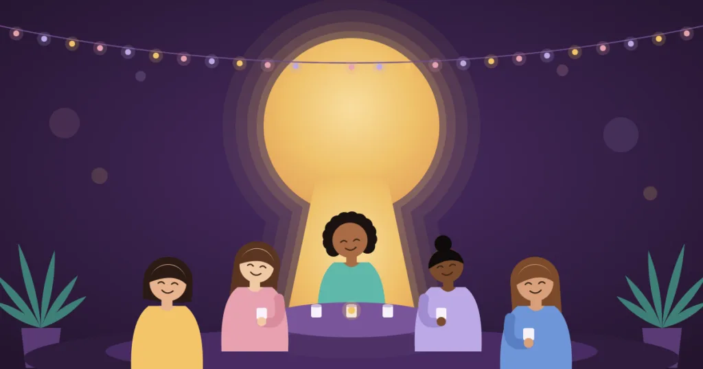 Open-Minded Dating App Development: Engineering Safety, Consent and Discretion for Women 1 Illustration of five women laughing and talking around a small table at an evening gathering, lit by a warm keyhole-shaped glow