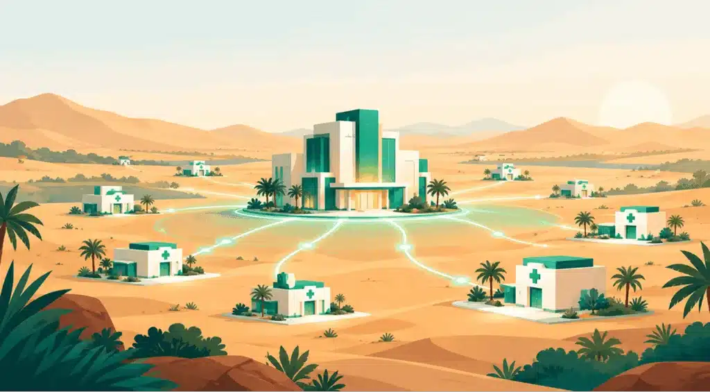 Seha Virtual Hospital: Lessons for Building Virtual Hospital Software in Saudi Arabia 1 Illustration of a central virtual hospital hub connected to small clinics across a desert landscape.