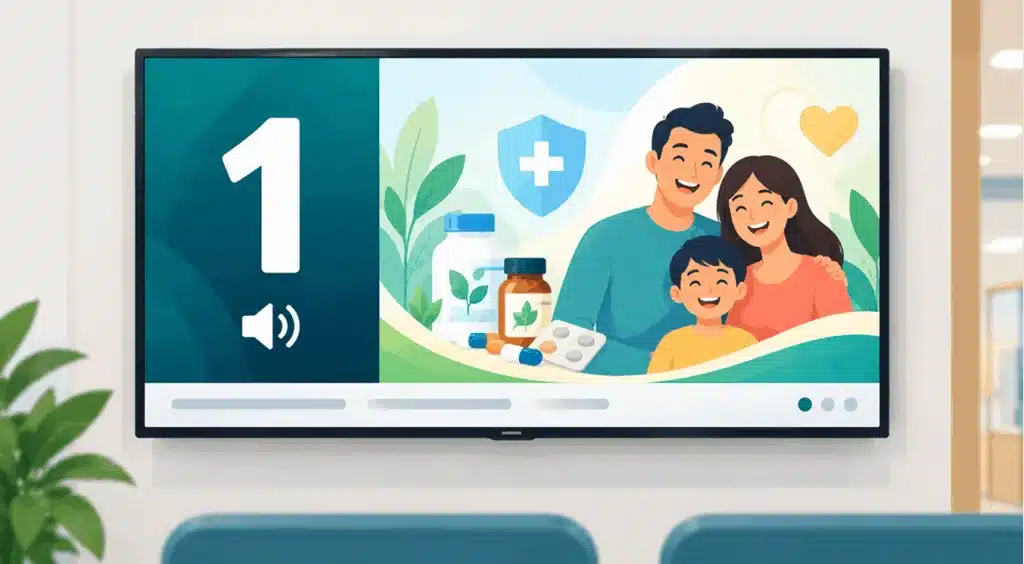 Digital Signage Software Development in 2026: Cloud Signage, TV Apps and What They Cost 6 Illustrative layout of a clinic TV screen with a token number panel beside an advertisement area