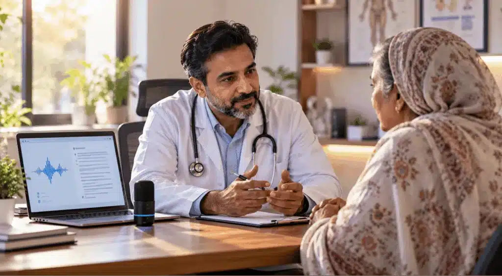 What We Tell Every Founder Before They Build a Telemedicine App 8 A doctor talks with an older patient while a laptop beside them quietly records the consultation.