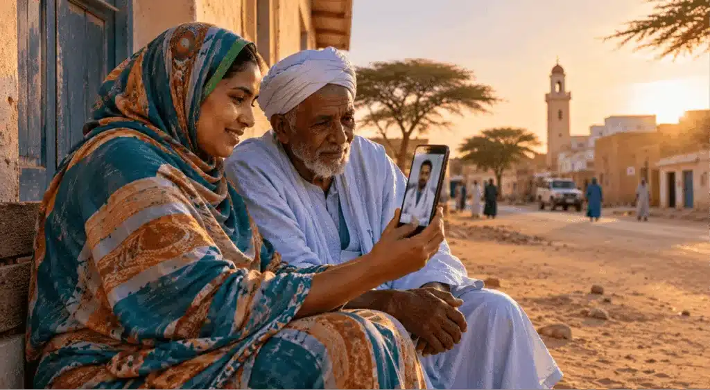 What We Tell Every Founder Before They Build a Telemedicine App 7 A woman in a small desert town holds a video call with a doctor on her phone while her father listens.